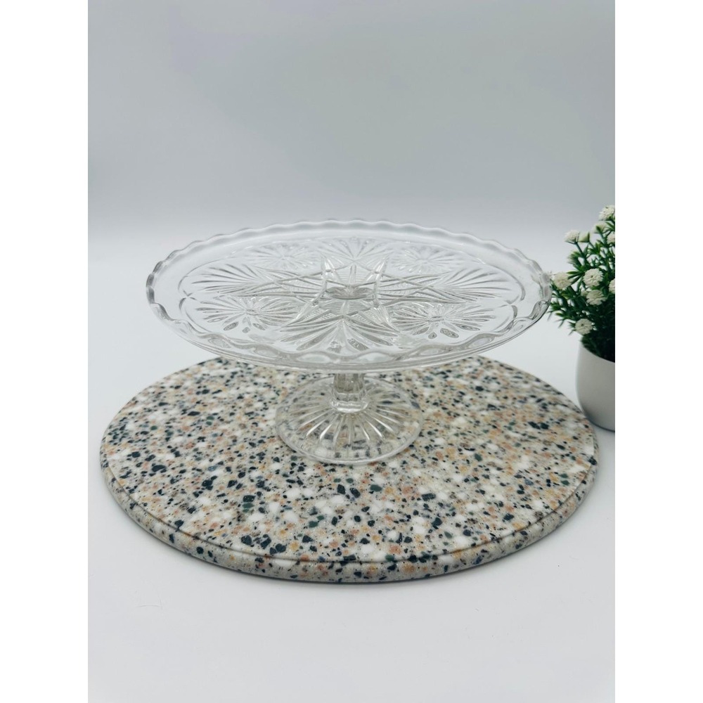 Vintage Pressed Glass Starburst Scalloped Pedestal Cake Stand 9.25" Clear